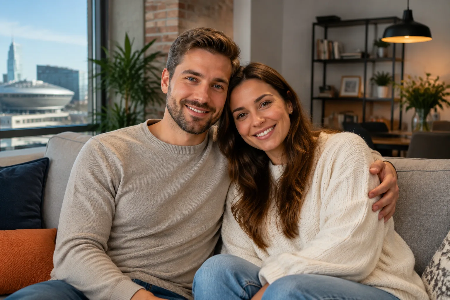 A happy couple relaxing together at home